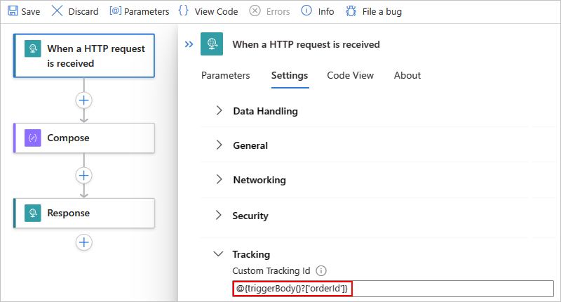 Azure portalı, Standart iş akışı, İstek tetikleyicisi seçildi, Ayarlar sekmesi ve özel izleme kimliğini gösteren ekran görüntüsü.