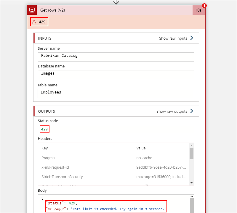 429 hatası olan SQL Server eylemiyle tüketim iş akışını gösteren ekran görüntüsü.
