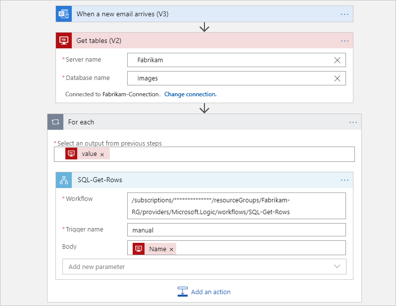 SQL Server tablolarını alan ve alt iş akışını çağıran Consumption üst iş akışını gösteren ekran görüntüsü.
