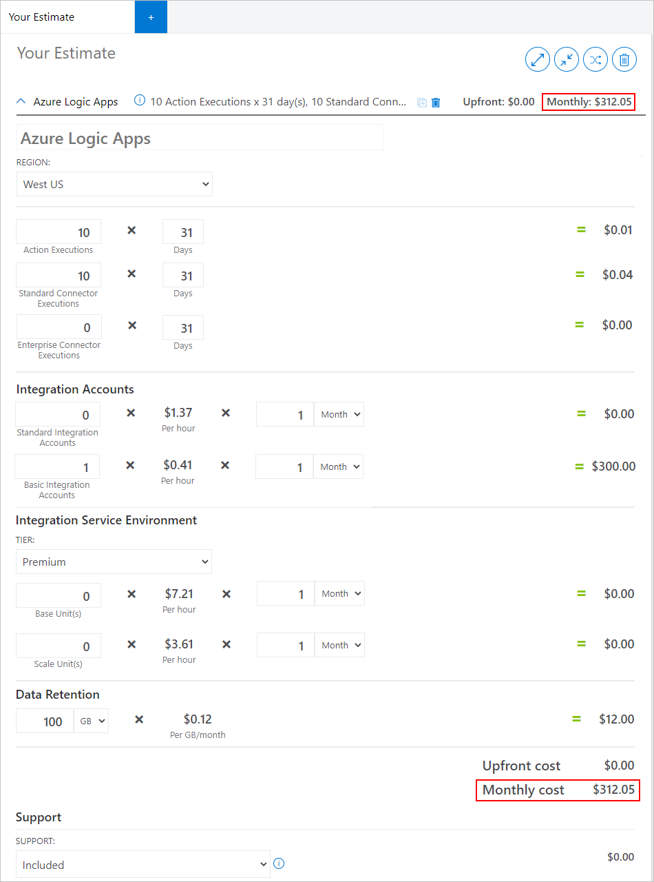 Azure Fiyatlandırma hesaplayıcısındaki tahmini maliyeti gösteren örnek