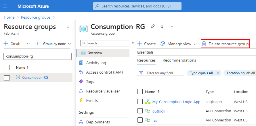 Seçili kaynak grubu ve Kaynak grubunu sil düğmesinin gösterildiği Azure portalını gösteren ekran görüntüsü.
