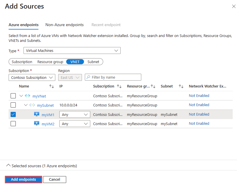 Azure portalında bağlantı izleyicisi için kaynak uç nokta eklemeyi gösteren ekran görüntüsü.