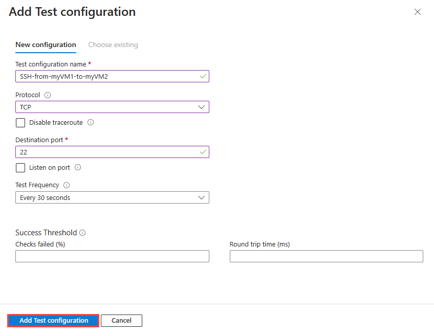 Azure portalında bağlantı izleyicisi için test yapılandırması eklemeyi gösteren ekran görüntüsü.