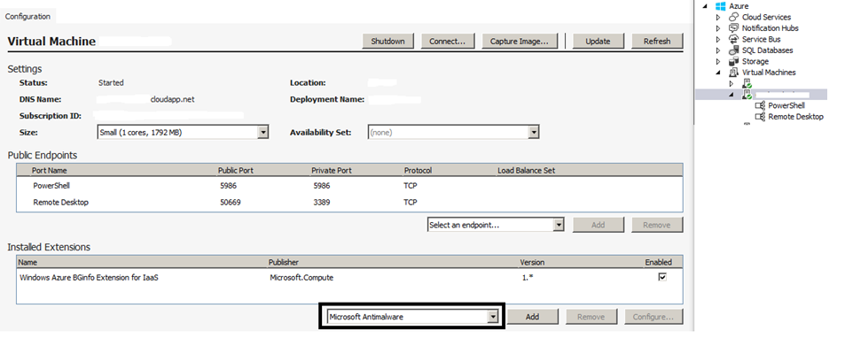 Visual Studio Server Explorer ekran görüntüsü, sanal makine yapılandırma seçeneklerini gösteriyor.