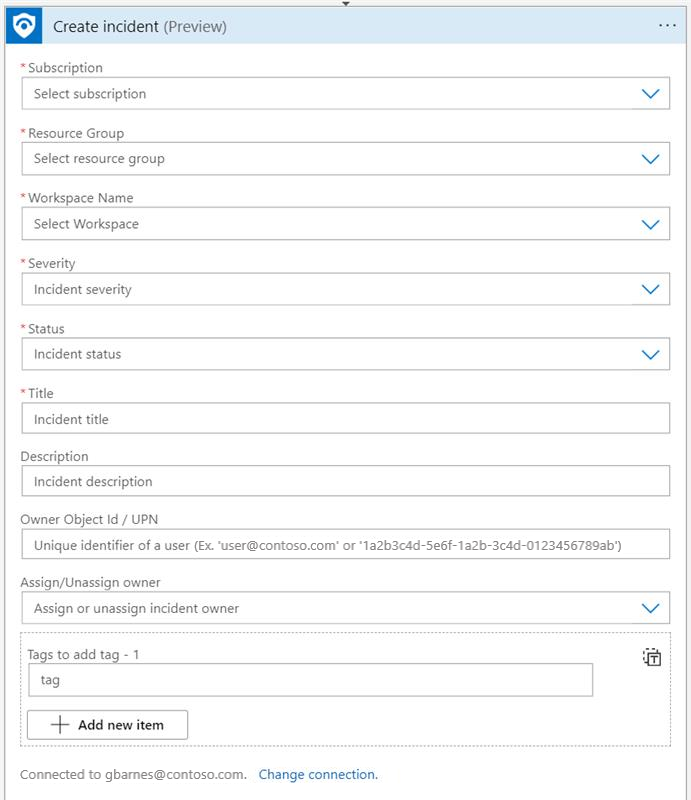 Microsoft Sentinel bağlayıcısında olay eylemi parametreleri oluşturma ekran görüntüsü.