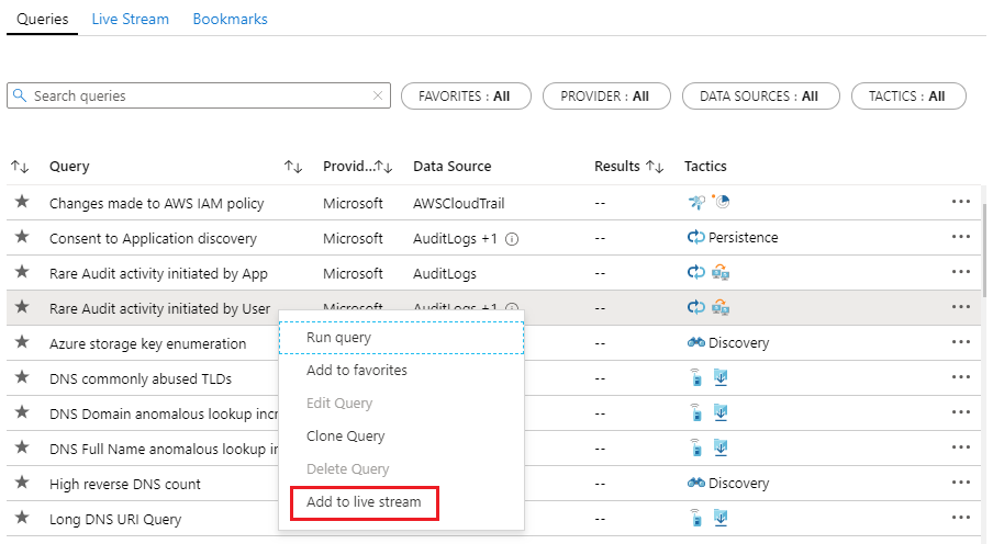 Microsoft Sentinel tehdit avcılığı sorgusundan canlı akış oturumu oluşturma