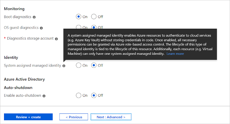 Azure portal: Sanal makine ölçek kümesi kimliği oluşturma seçeneği