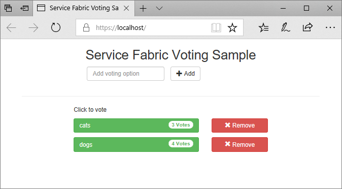 Tarayıcıda çalışan Service Fabric Voting Sample uygulamasını ve localhost URL'sini gösteren ekran görüntüsü.