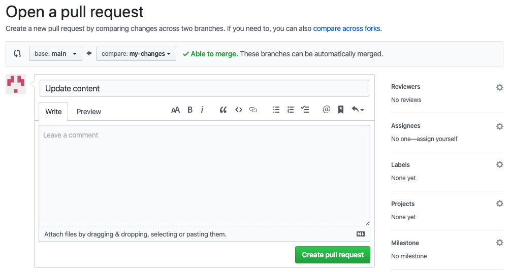 GitHub'da bir çekme isteği oluşturulmasını gösteren ekran görüntüsü.