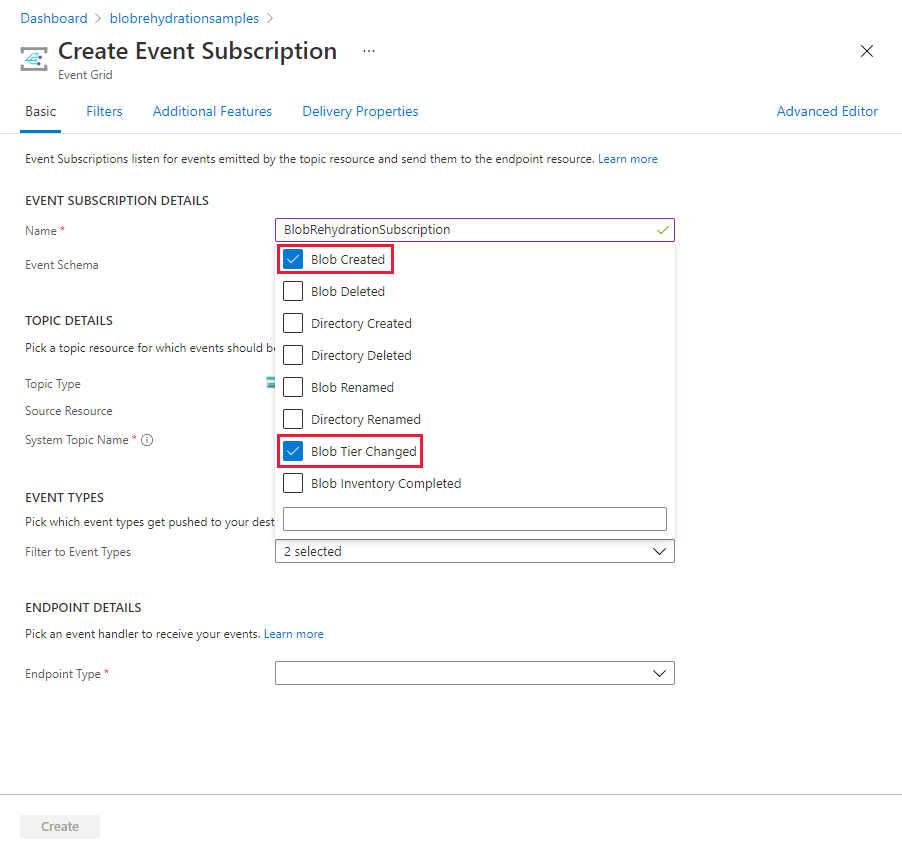 Screenshot showing how to select event types for blob rehydration events in the Azure portal