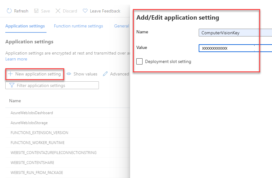 Azure Function'a yeni bir uygulama ayarı eklemeyi gösteren bir ekran görüntüsü.