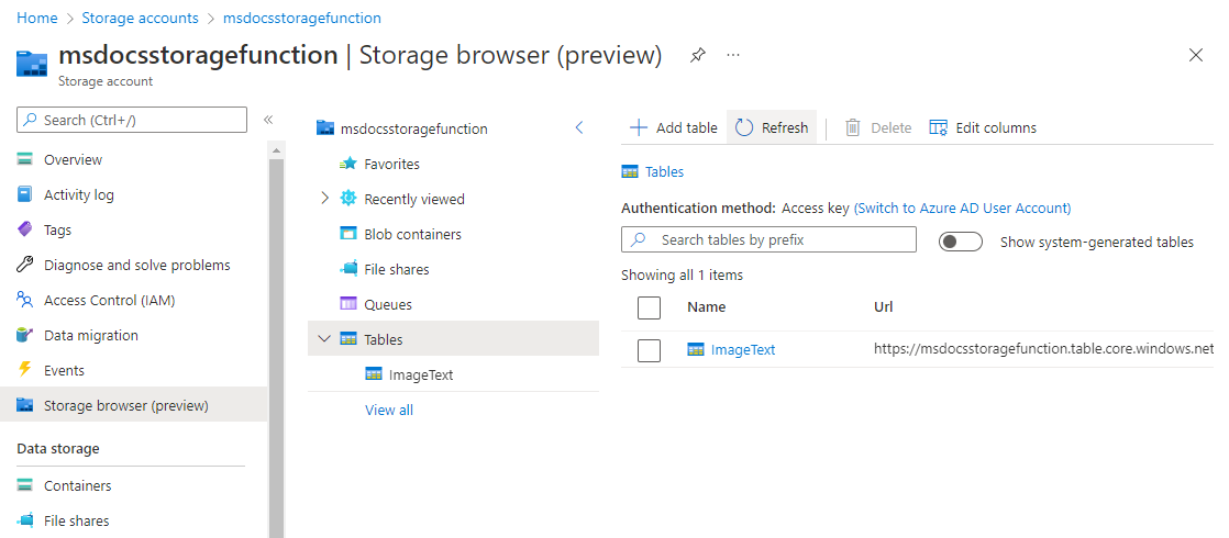 Azure Table Storage'da bir metin girişini gösteren ekran görüntüsü.