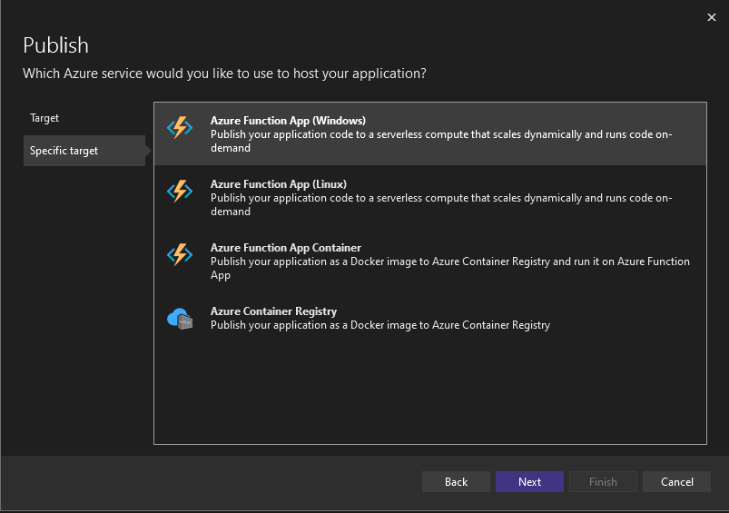 Belirli bir dağıtım hedefi olarak Azure Functions seçmeyi gösteren ekran görüntüsü.