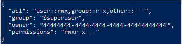 Azure Data Lake Storage'daki bir dizinin ACL'sini gösteren konsol çıktısının ekran görüntüsü.