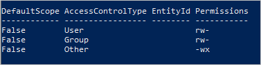 Azure Data Lake Storage'daki bir dosyanın ACL çıktısının ekran görüntüsü.