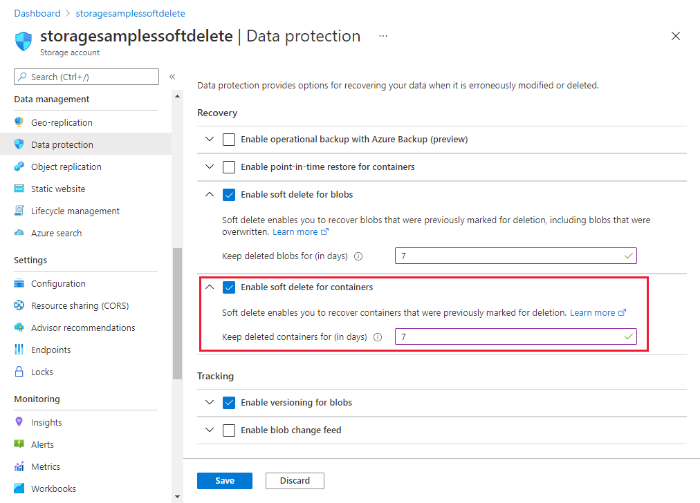 Azure portalında kapsayıcı geçici silmeyi etkinleştirmeyi gösteren ekran görüntüsü