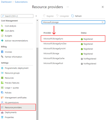 Azure portalını, abonelik yönetimini, kayıtlı kaynak sağlayıcılarını gösteren görüntü.