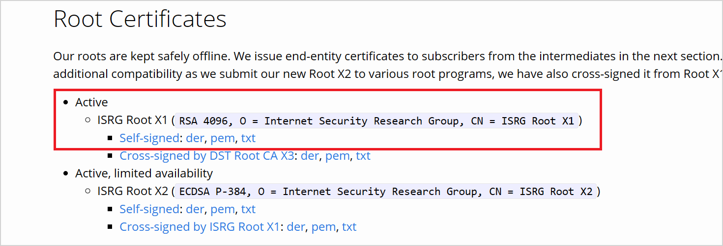 lets encrypt web sitesinden indirebileceğiniz sertifikayı gösteren ekran görüntüsü.