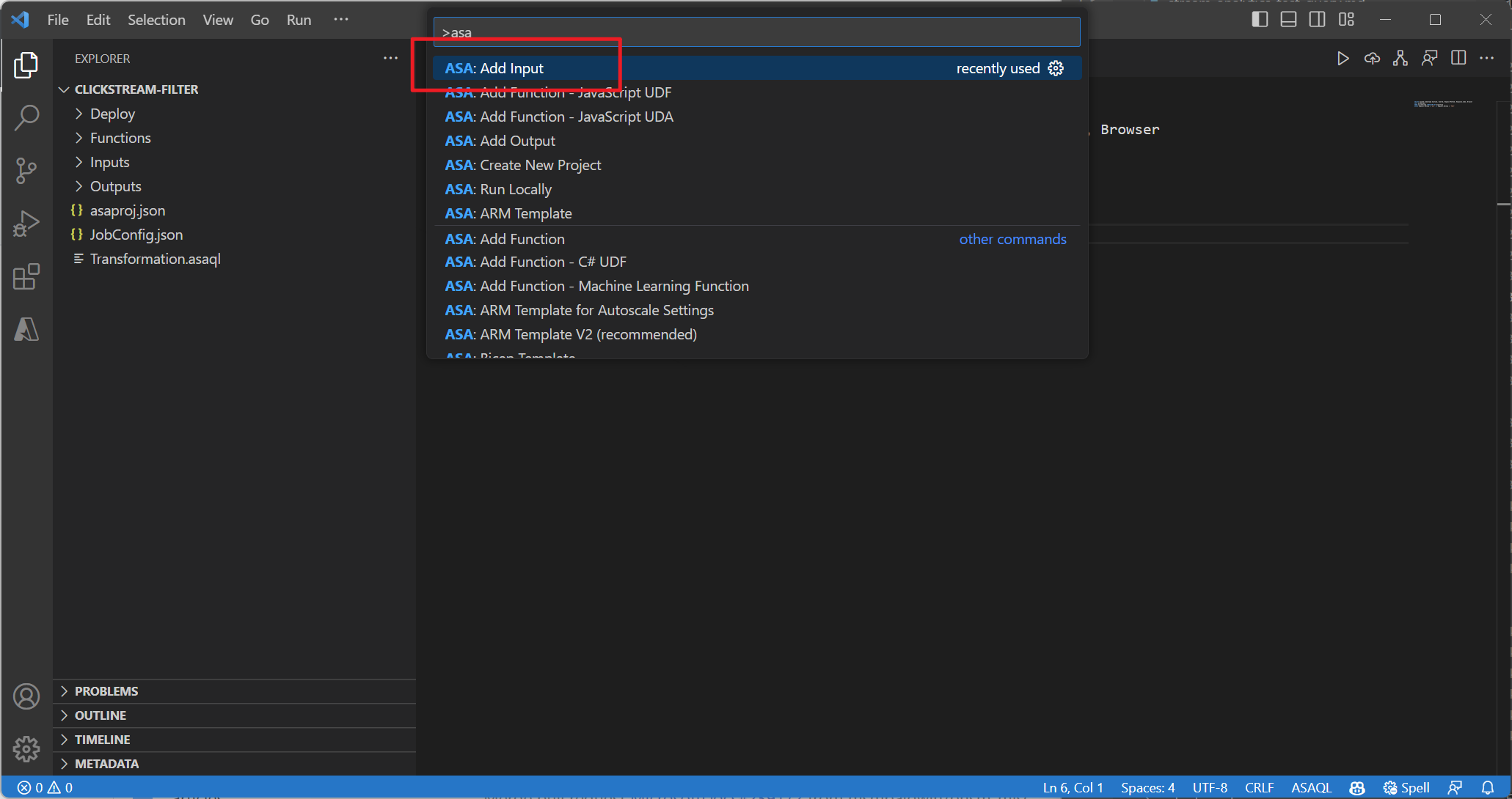 VS Code'da Stream Analytics girişi ekleme