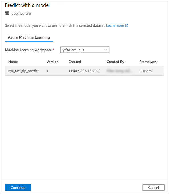 Azure Machine Learning modelini seçmeyi gösteren ekran görüntüsü.