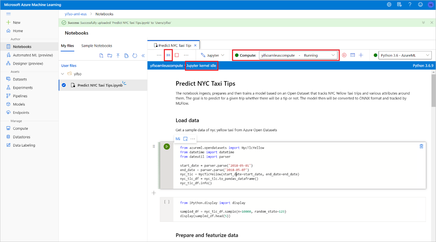 Azure Machine Learning işlemi doğrulamayı gösteren ekran görüntüsü.