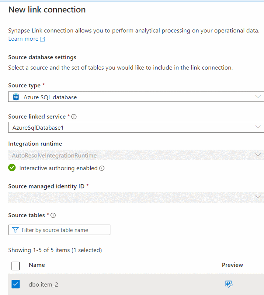 Azure SQL veritabanından bağlantı bağlantısı oluşturmayı gösteren ekran görüntüsü.
