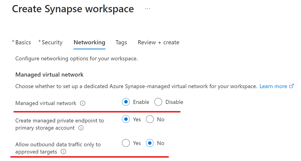 Giden trafiğe izin veren bir Azure Synapse çalışma alanı oluşturmayı gösteren ekran görüntüsü.