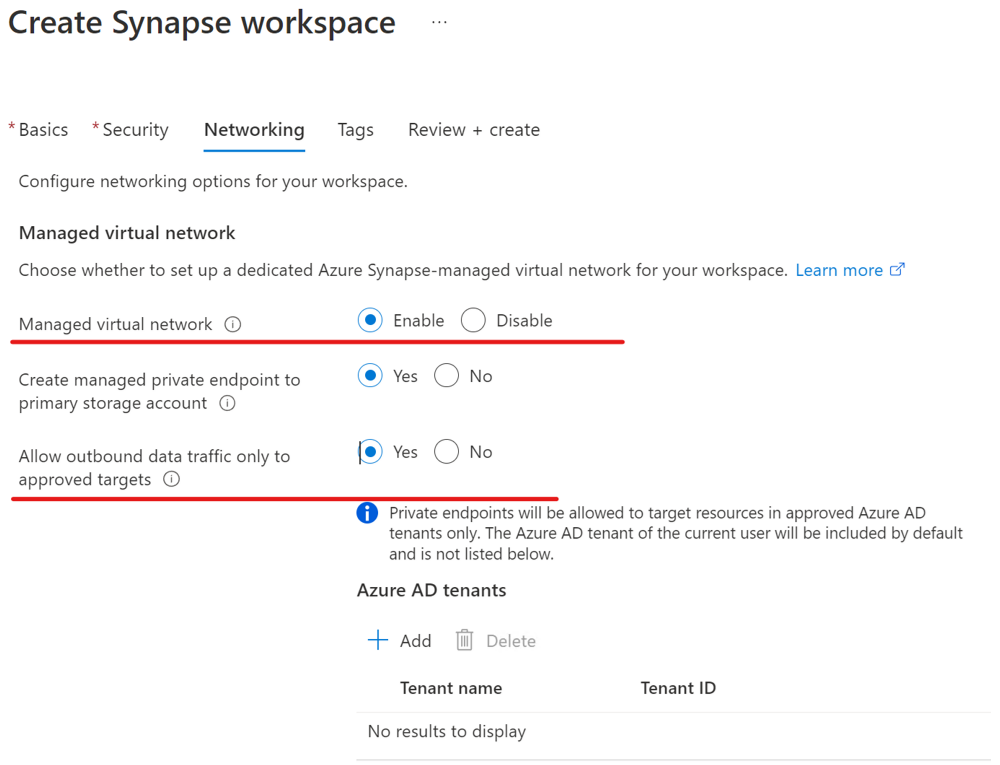 Giden trafiğe izin vermeyen bir Azure Synapse çalışma alanı oluşturmayı gösteren ekran görüntüsü.