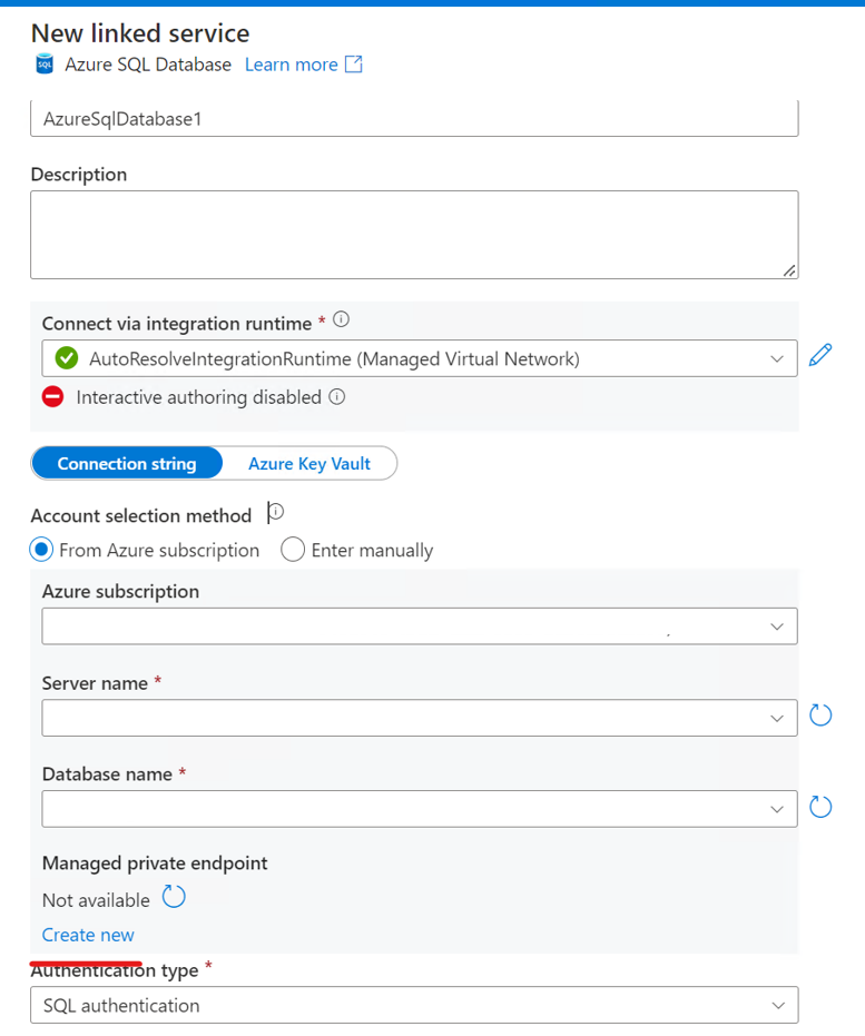Yeni bir Azure SQL veritabanı bağlantılı hizmet özel uç nokta 1'in ekran görüntüsü.