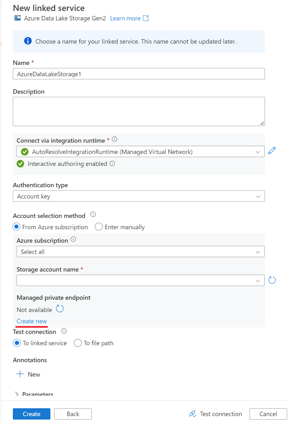 Azure SQL Server 2022 veritabanı için yeni bir bağlantılı hizmete ait özel uç nokta 1'in ekran görüntüsü.