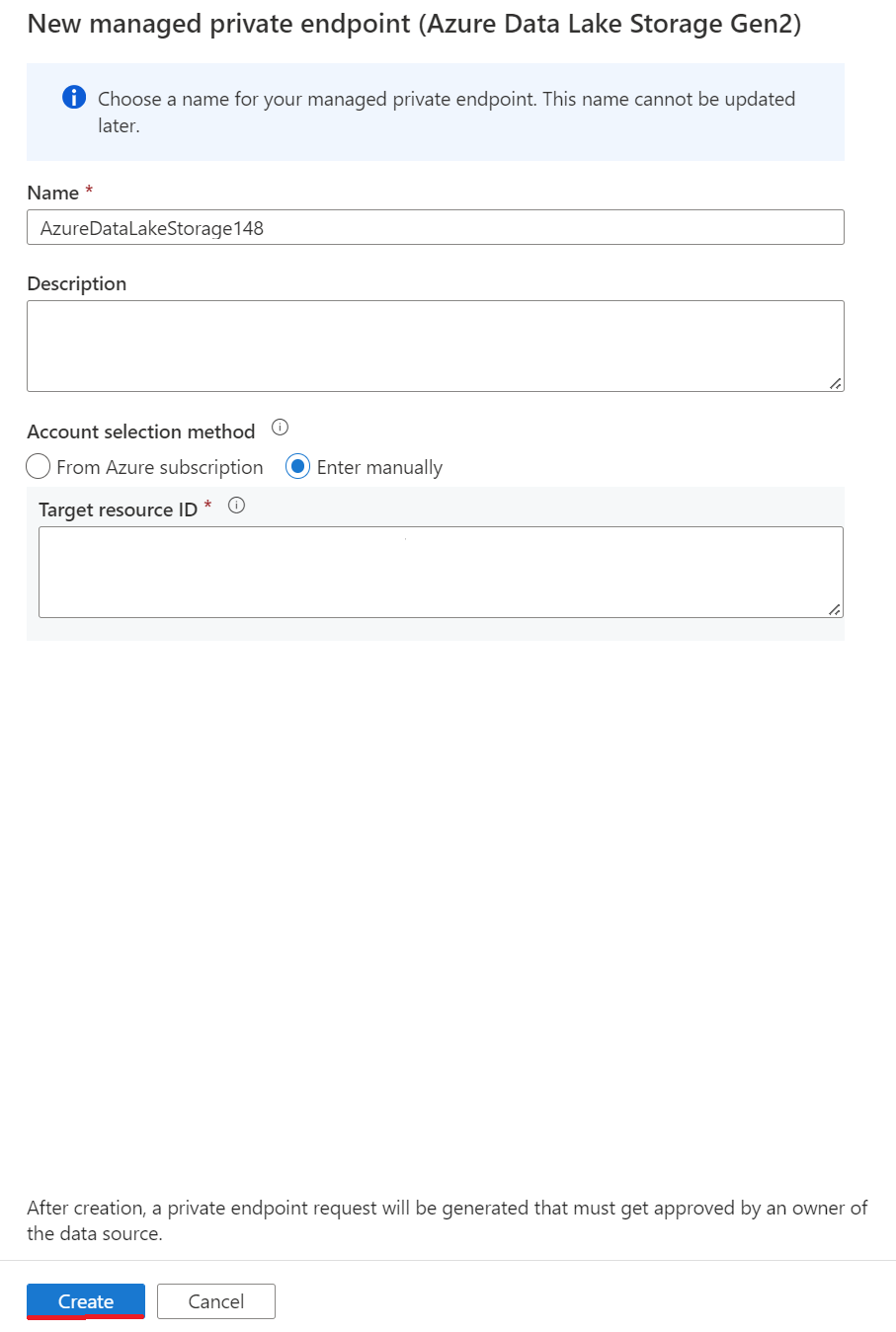 Yeni bir Azure SQL Server 2022 veritabanı bağlantılı hizmet özel uç noktası 2'nin ekran görüntüsü.