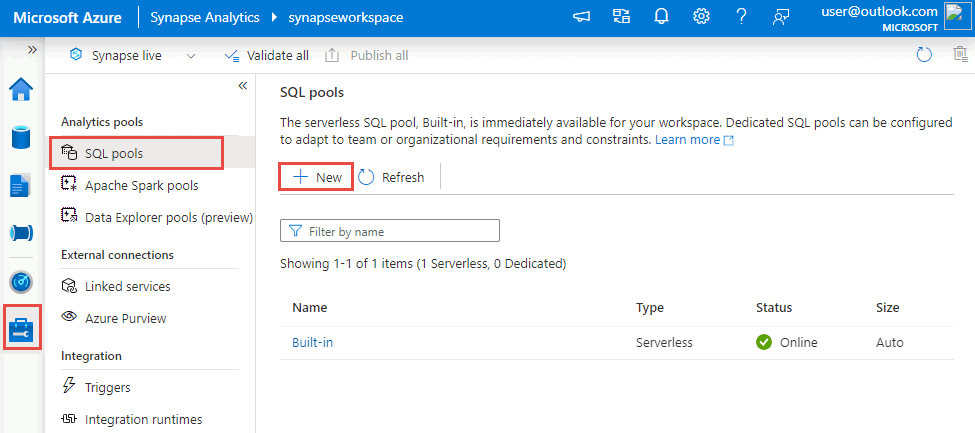 Synapse Studio'dan yeni bir Azure Synapse SQL ayrılmış havuzu oluşturmayı gösteren ekran görüntüsü.