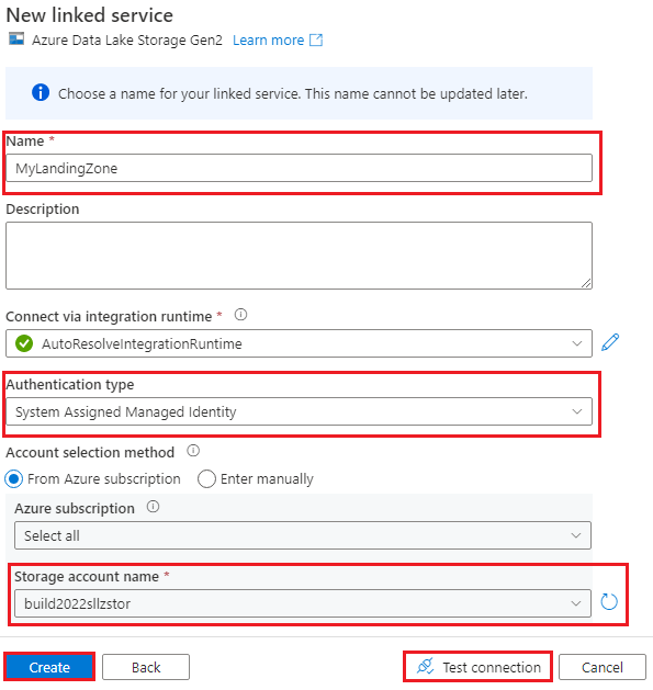Azure Data Lake Storage 2. Nesil'e yeni bağlı hizmeti gösteren ekran görüntüsü.