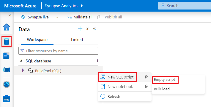Synapse Studio'dan yeni bir boş SQL betiği oluşturmayı gösteren ekran görüntüsü.