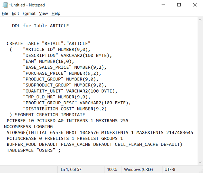 Oracle SQL Developer'da Hızlı DDL menü seçeneğini gösteren ekran görüntüsü.