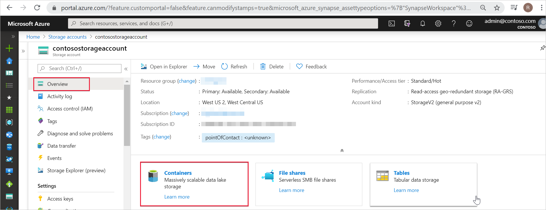 ADLS 2. Nesil depolama hesabına Genel Bakış'ın Azure portalının ekran görüntüsü.