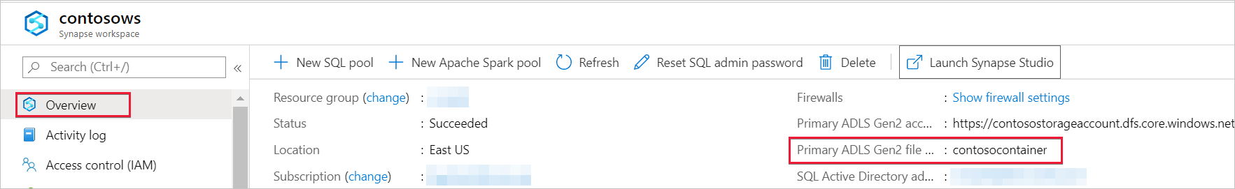 'contosocontainer' ADLS 2. Nesil depolama dosyasının adını gösteren Azure portalının ekran görüntüsü.