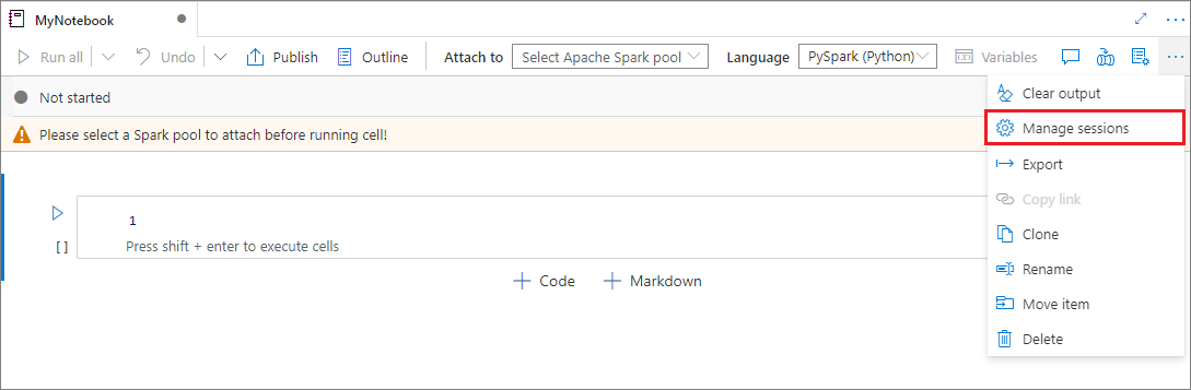 Etkin Synapse not defteri oturumlarının listesini açmak için seçimlerin ekran görüntüsü.