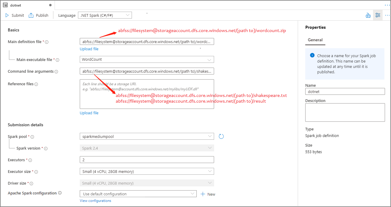 Dotnet için Spark iş tanımının değerini ayarlama