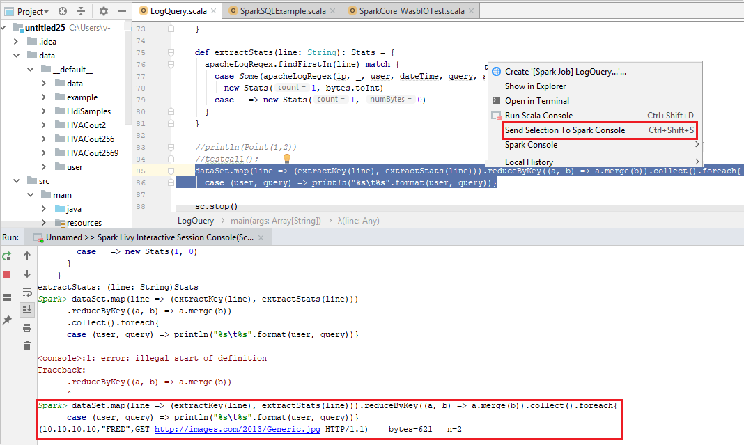Seçimi Spark konsoluna gönder