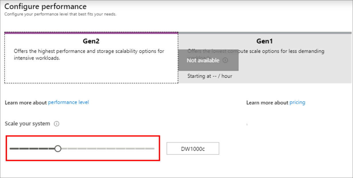 Azure portalının ekran görüntüsü. Veri ambarı performans düzeyini değiştirin.