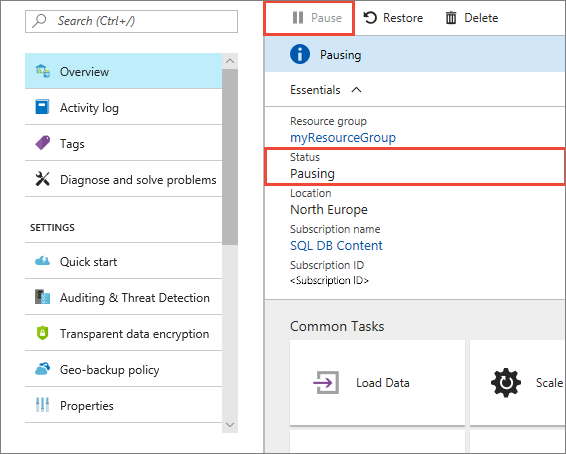 Durum değeri Duraklatma olan örnek veri ambarı için Azure portal gösteren ekran görüntüsü.