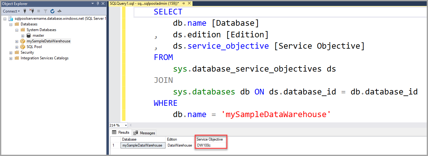 Hizmet Hedefi sütunundaki geçerli DWU'yu gösteren SQL Server Management Studio sonuç kümesinin ekran görüntüsü.