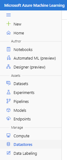 Azure Machine Learning arabiriminin sol bölmesinin ekran görüntüsü