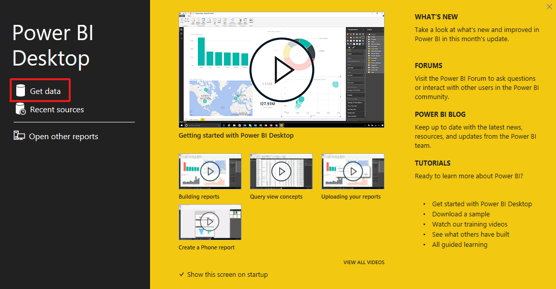 Power BI masaüstü uygulamasını açın ve veri al'ı seçin.