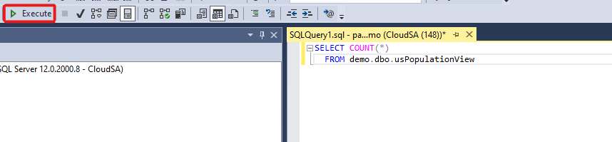 Sunucusuz SQL havuzu sorgusunu çalıştırmak için Yürüt düğmesinin ekran görüntüsü.
