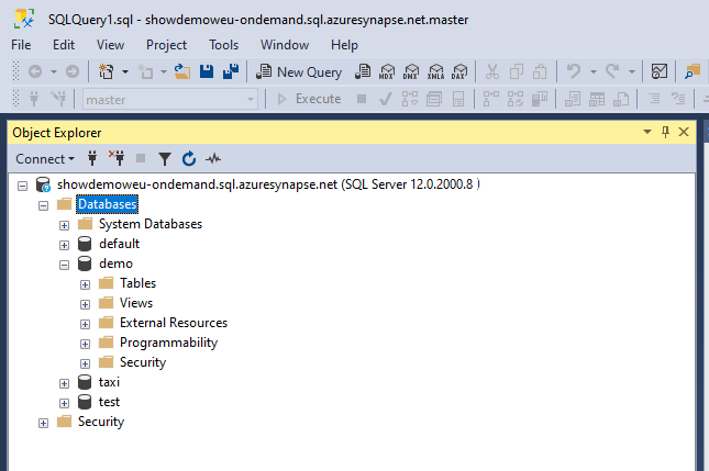 Sunucusuz SQL havuzu için Nesne Gezgini penceresini gösteren ekran görüntüsü.