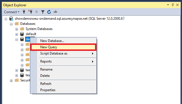 Sunucusuz SQL havuzu için Yeni Sorgu penceresinin ekran görüntüsü.