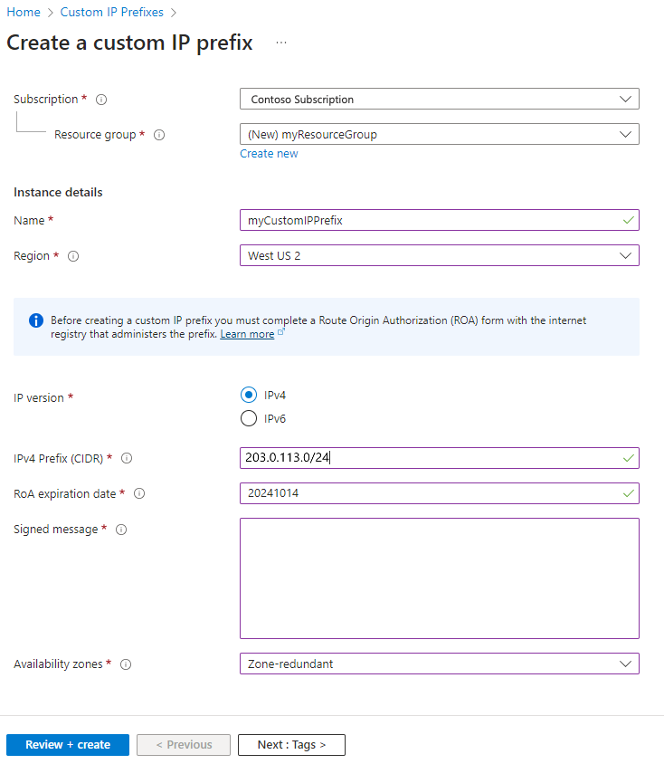 Screenshot of create custom IP prefix page in Azure portal.