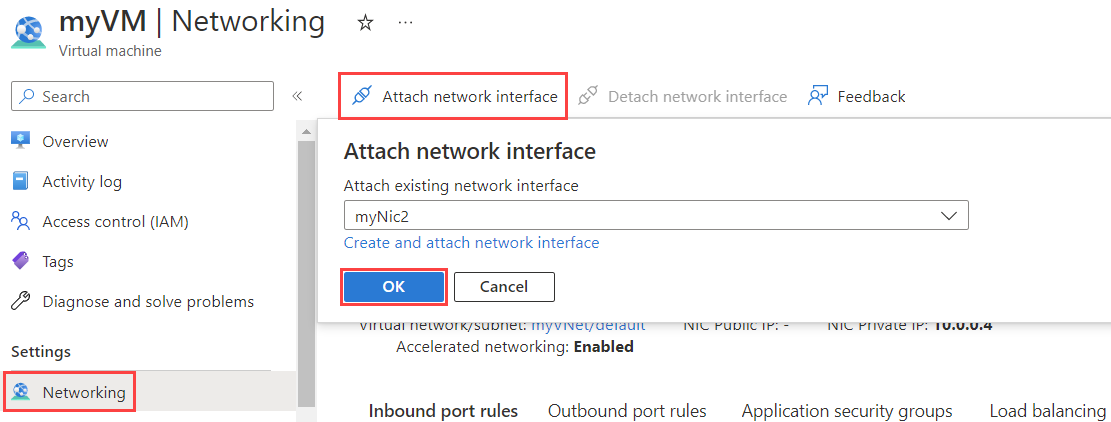 Azure portalında bir sanal makineye ağ arabirimi eklemenin ekran görüntüsü.